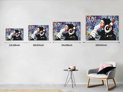 Monkey Graffiti Wall Art - Thinking Monkey Poster, Funny Picture, Painting Print on Canvas, Suitable for Home Wall Decor - Framed, Ready to Hang - 28x44inch