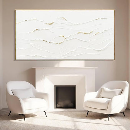 WINKAILIN Large Wavy Line White Abstract Wall Art with Frame Minimalist Modern Hand drawn Painting Textured Poster for Living Room Dining Room Bedroom Decor 29"x58"