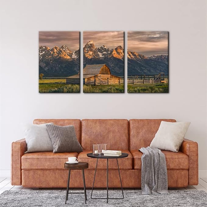 Pacimo Country Paintings for Wall Grand Canyon Picture Art Nature Landscape Artwork 3 Pieces Log Cabin Modern Wall Art Giclee Home Decorations for Living Room Framed Ready to Hang - 16"x24"x3 Panels