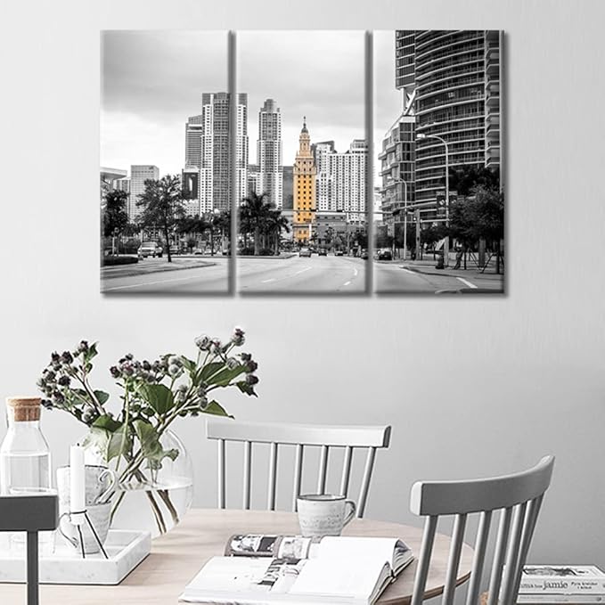 TUMOVO Miami Cityscape Wall Decor 3 Piece City Skyscrapers Skyline Pictures Wall Decor Living Room American Cityscape Modern Artwork Print on Canvas Ready to Hang (36" Wx24 H)