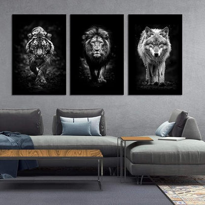 Black and White 3 Panles Pianting Wall Art Modern Home Office Decoration Animals Pictures Wall Decor Lion Tiger Wolf Posters Canvas Prints Art Living Room Decor, Framed 24" Wx36 Hx3pcs