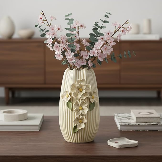 Yellow Ceramic Vase, 9 Inch Modern Centerpiece Vases Home Decor, Decorative Flower Vase for Pampas Grass, Kitchen, Fireplace, Living Room, Bathroom Decor