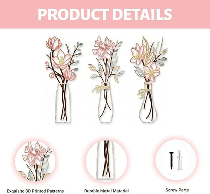 RISCORIO 3 Pieces Flower Wall Decor Minimalist Wall Art, Metal Flowers Wall Arts for Dining Room, Living Room, Bedroom, Bathroom, Kitchen, Rustic Farmhouse Decor, Pink