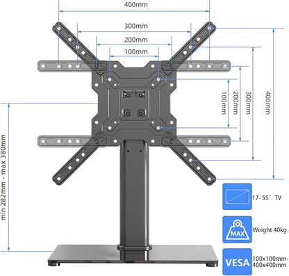 Universal TV Stand Base, Table Top TV Stand for 17-55 Inch LCD/LED TVs, Height Adjustable Monitor Mount Stand with Tempered Glass Base Holds up to 88lbs VESA 400x400mm, TS102