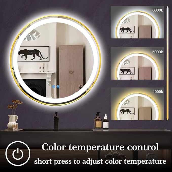 Gold Frame LED Round Mirror with Lights Smart Memory 3 Color Dimmable Anti-Fog 18 Inch Gold Framed Round Lighted Mirrors for Bathroom Wall Makeup Golden Circle Round Vanity Mirror with Light