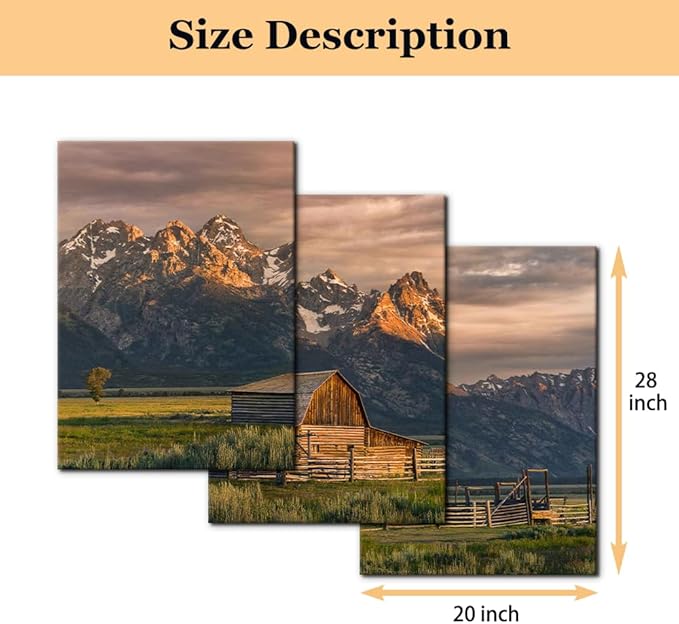 Pacimo Country Paintings for Wall Grand Canyon Picture Art Nature Landscape Artwork 3 Pieces Log Cabin Modern Wall Art Giclee Home Decorations for Living Room Framed Ready to Hang - 20"x28"x3 Panels