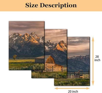 Pacimo Country Paintings for Wall Grand Canyon Picture Art Nature Landscape Artwork 3 Pieces Log Cabin Modern Wall Art Giclee Home Decorations for Living Room Framed Ready to Hang - 20"x28"x3 Panels