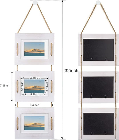 DLQuarts 5x7 Hanging Picture Frames Collage Wall Decor, 3-Frame Set, 3.5x5 with Mat or 5x7 Without Mat, Rustic Solid Wood Photo Frame Pack of 2 Vintage White