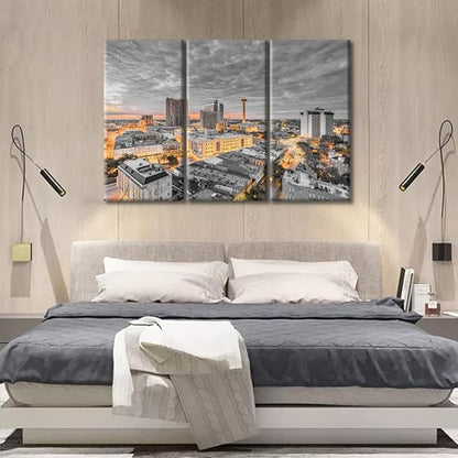TUMOVO American Cityscape Black and White Wall Art 3 Panels San Antonio Skyscrapers City Skyline Wall Decor Living Room Nighttime Lightscape Modern Home Decor Framed Ready to Hang (36" Wx24 H)