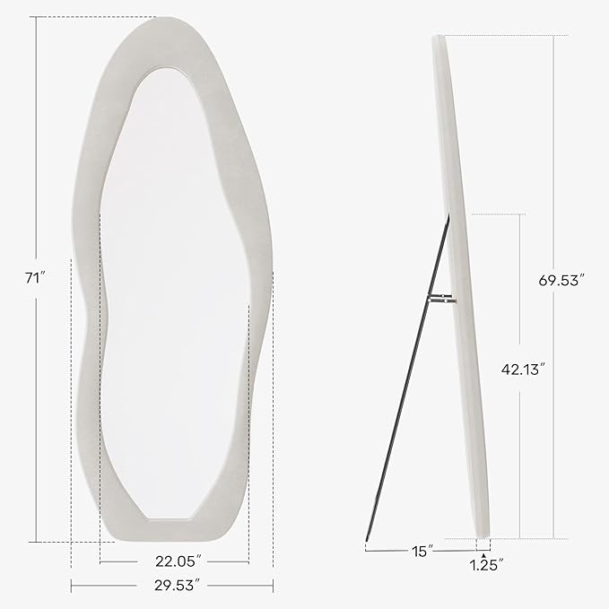Full Length Mirror, 71"x30" Full Body Mirrors, Flannel Floor Mirrors with Stand, Irregular Wavy Mirror Hanging or Leaning Against Wall for Bedroom Living Room, Beige