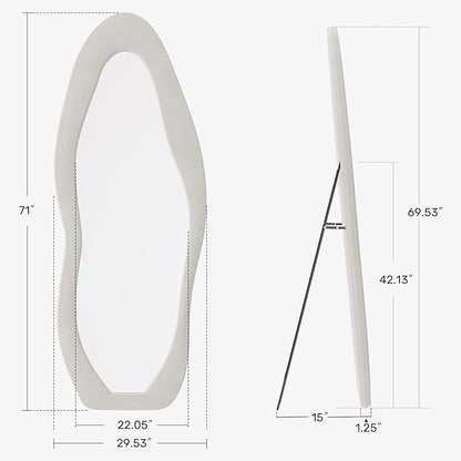Full Length Mirror, 71"x30" Full Body Mirrors, Flannel Floor Mirrors with Stand, Irregular Wavy Mirror Hanging or Leaning Against Wall for Bedroom Living Room, Beige
