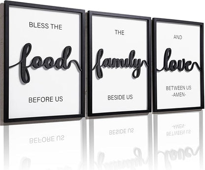 3D Wood Bless The Food Before Us Wall Decor, 36" x 16" Framed Kitchen Wall Art for Dining Room Wall Decor(Ready to Hang, 12x16 inches, Set of 3, Framed)