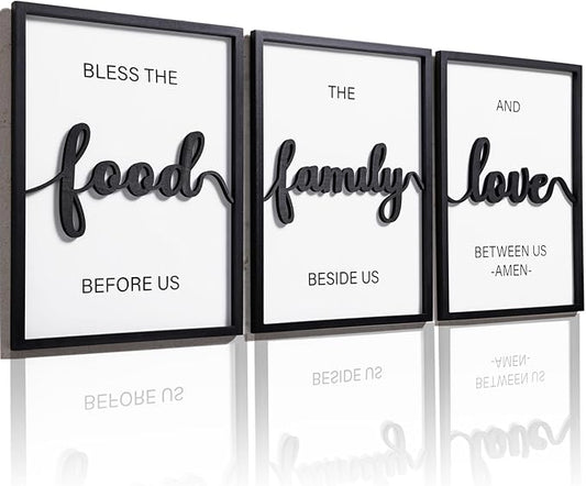 3D Wood Bless The Food Before Us Wall Decor, 36" x 16" Framed Kitchen Wall Art for Dining Room Wall Decor(Ready to Hang, 12x16 inches, Set of 3, Framed)