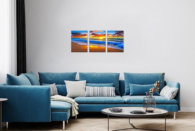 TutuBeer 3 Panels Beach Pictures Blue Sea White Beach at Sunrise Picture Print on Canvas Ocean Pictures Wall Decor Ocean Canvas Art Seascape Wall Art Stretched and Framed 12" x16" x 3