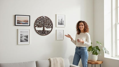 Intricately Handcrafted Decorative Wooden Wall Panel Hanging Sculpture Statue Plaque Art Home Living Room Office Decor Accent Designer Boho Farmhouse Tree Of Life Decor, 12 Inch, Round, Rustic Brown
