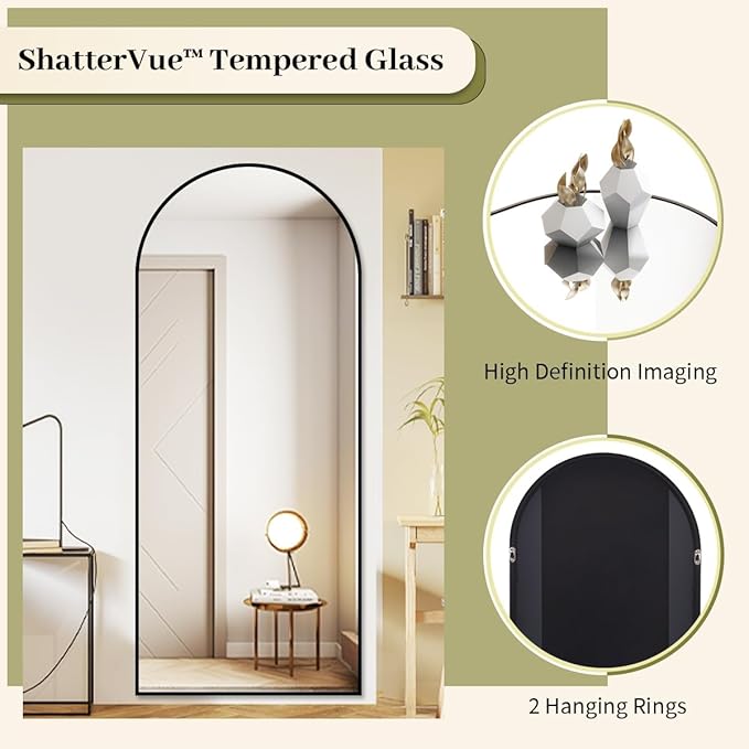 BEAUTYPEAK 65"x24" Full Length Mirror, Arch Full Body Floor Mirror, Wall Mirrors Hanging or Leaning Arched-Top with Stand for Bedroom, Living Room, Dressing Room, Black