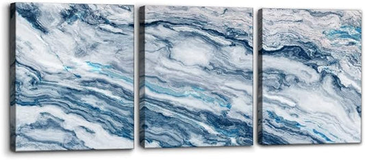 Abstract Wall Art Bedroom Wall Décor 3 Piece Blue Beach Ocean Picture Coastal Theme Nautical Sea Wave Canvas Prints on Canvas Seascape Modern Artwork for Home Living Room Office - 12"x16"x3 Panel