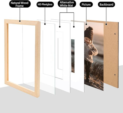 KINLINK 8x10 Picture Frame White Oak, Solid Light Wood Frames with Acrylic Plexiglass for Pictures 4x6/5x7 with Mat or 8x10 without Mat, Tabletop and Wall Display, Set of 4