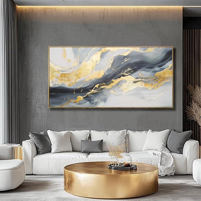 Framed Canvas Pictures Gold Wall Art Abstract Wall Art Blue Decor Metal Arts Large Prints Picture 24"x48" Artwork for Living Room Gallery Office