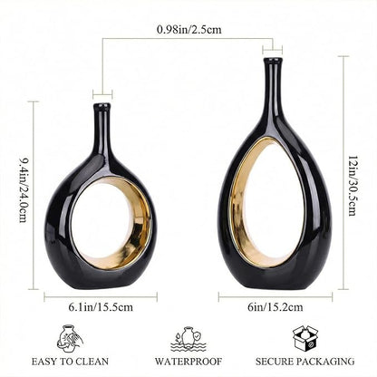 Black and Gold Vase Ceramic Black Vases Home Decor,Modern Minimalist Circle with Hole Decorative Vase, Hollow Ellipse Flower vases for Bookshelf, Fireplace Mantle, Centerpieces,Farmhouse,Rustic Décor