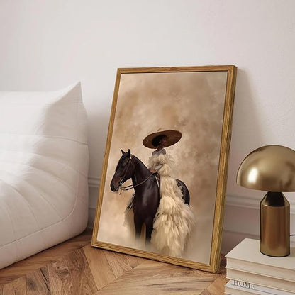 Framed Western Cowgirl Wall Art, Fashion Black Girl Riding Horse Canvas Wall Decor Painting, Black Woman African American Bride Pictures Prints Aesthetic Home Decor for Living Room Bedroom 16x24 inch