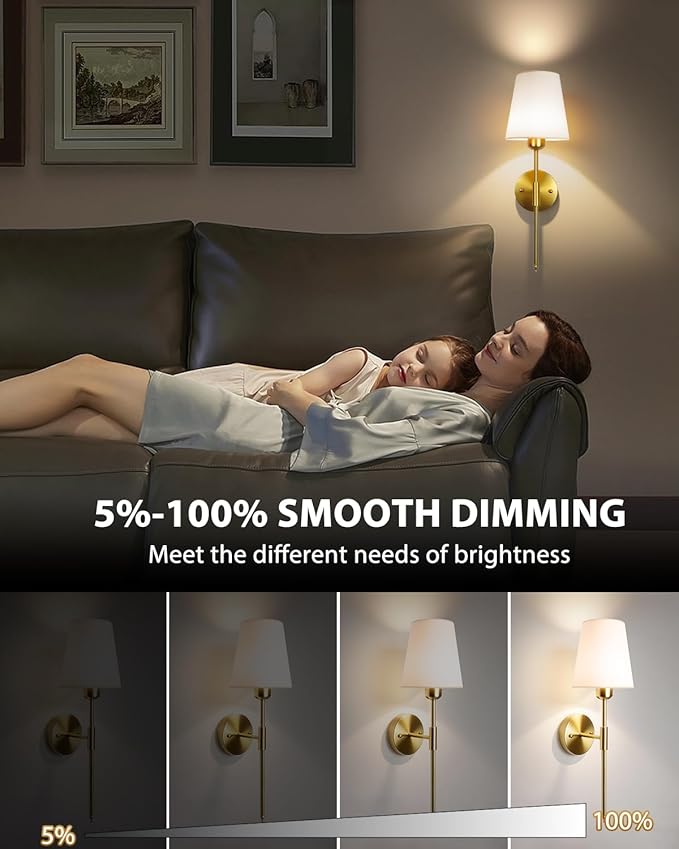 Adetu Battery Operated Wall Sconce Set of 2, Gold Wireless Battery Wall Lights with 10000mAh RGB Dimmable Magnetic Bulbs and Remote Control, Rechargeable Wall Sconce for Bedroom Living Room Hallway