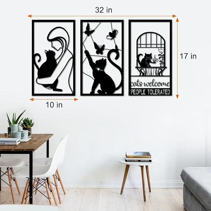 GSANMU Metal Cat Butterfly Wall Decor - Set of 3 Cute black line decor Iron Hanging Wall Art for Living Room and Bedroom 17×10 inch