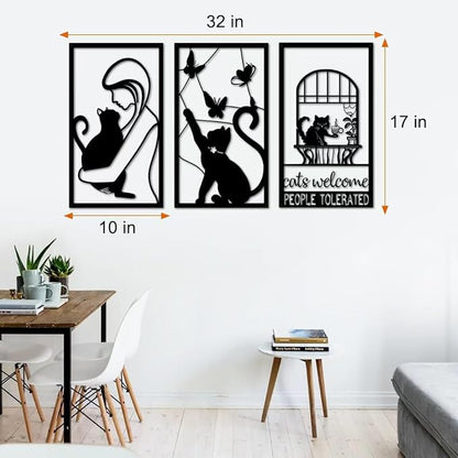 GSANMU Metal Cat Butterfly Wall Decor - Set of 3 Cute black line decor Iron Hanging Wall Art for Living Room and Bedroom 17×10 inch