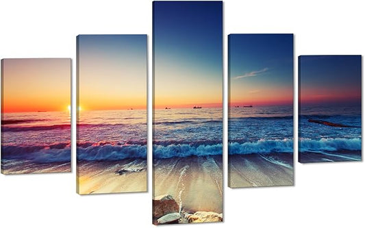 Beautiful Enlarge 5 Piece Sunset Beach Waves Landscape Artwork Pictures Painting on Canvas Wall Art for Living Room Prints and Posters for Home Decorations Wall Decor Set Framed (60’’W x 40’’H)