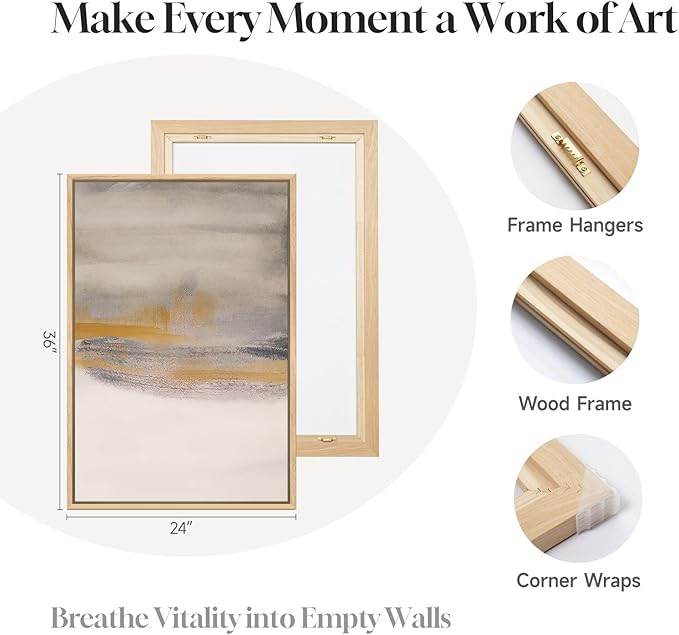 Framed Large Neutral Abstract Wall Art, Set of 3 Canvas Modern Prints Paintings, Minimalist Landscape Beige Gray Picture Artwork Decor for Living Room Bedroom Office 24x36 Inch