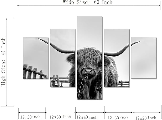 5 Panels Highland Cow Wall Art Farm Cow Pictures Canvas Prints Art Vintage Framed Black and White Animals Posters Wall Decor Artwork Living Room Bedroom Home Office Decoration - 60''W x 40''H