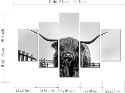 5 Panels Highland Cow Wall Art Farm Cow Pictures Canvas Prints Art Vintage Framed Black and White Animals Posters Wall Decor Artwork Living Room Bedroom Home Office Decoration - 60''W x 40''H