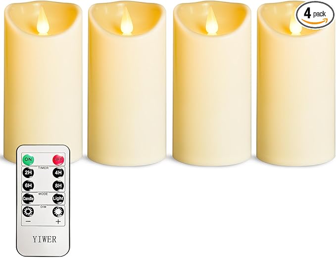 YIWER Plastic Flameless LED Candles,Pack of 4 Battery Operated Candle with 10 Key Remote Control Electric Fake Flickering Light Ivory Pillar D3”H6”