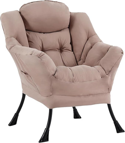 MBOOYOME Lazy Chair, Modern Soft Reading Chair Accent Contemporary Sofa Chair with Armrests and a Side Pocket for Living Room, Bedroom, Dorm & Office, Khaki
