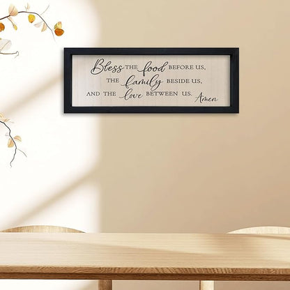 comurdyo Modern Religious Holy Dining Room Bless the Food Before Us Prayer Sign Wall Decor 16"×6" Framed Wood for Small Rustic Minimalist Christian Catholic Kitchen Wall Art Hanging (Black)