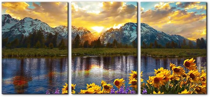 3 Pieces Mountain Canvas Wall Art for Living Room Nature Landscape Picture Sunflower Wall Decor for Bedroom Home Decoration Sunrise Grand Teton National Park Painting Framed Artwork - 20"x28"x3 Panels