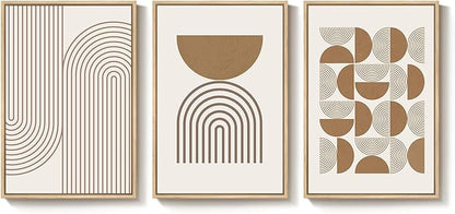 Large Framed Abstract Neutral Boho Wall Art for Living Room, 3 Piece Beige Mid Century Modern Canvas Artwork for Walls, Bauhaus Geometric Prints for Bedroom Office Dining Room Wall Decor, 24x36 Inch
