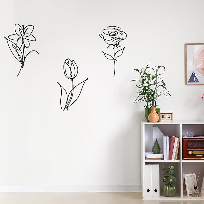 Ferraycle 3 Set of Metal Flower Wall Decor 9.84 x 5.91 Inch Mother's Day Metal Wall Ornament Art Black Minimalist Wire Signs for Bedroom Patio Balcony Bathroom Office Restaurant Shop Presents Gifts