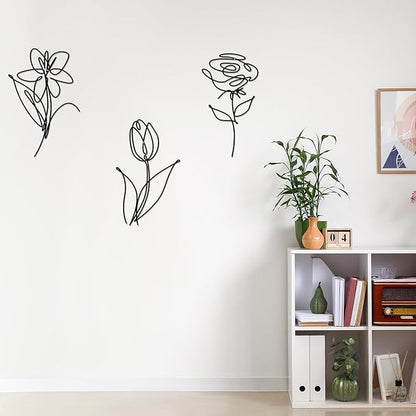 Ferraycle 3 Set of Metal Flower Wall Decor 9.84 x 5.91 Inch Mother's Day Metal Wall Ornament Art Black Minimalist Wire Signs for Bedroom Patio Balcony Bathroom Office Restaurant Shop Presents Gifts