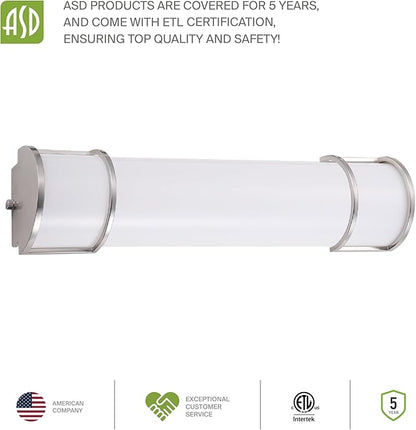 ASD LED 18" Vanity Flush Mount Light Fixture, Linear Bathroom Lighting Bar | 3CCT, Dimmable, ETL Listed | 20W 2300LM 3000-5000K 100-277V | Long Tube Bath Wall Sconce Over Mirror | Nickel