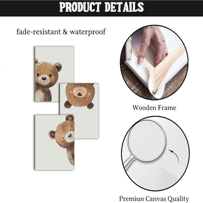 AOYUSMO 3 Piece Baby Bear Canvas Wall Art Nursery Funny Animal Wall Art Cute Bear Pictures Wall Decor Kids Baby Boy Animal Art Prints for Children's Room Bedroom 16"X24" Framed