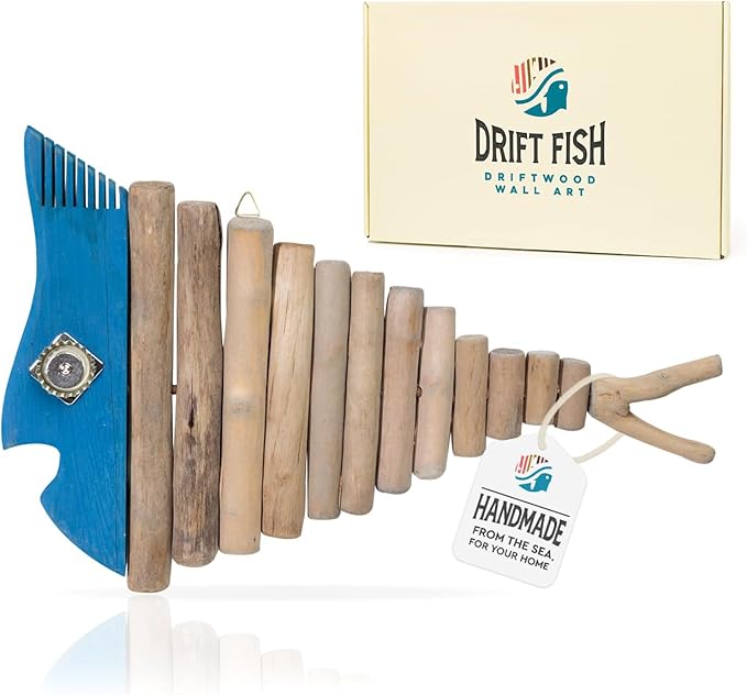 Driftwood Fish Nautical Wall Decor - Handmade Wooden Rustic Coastal Wall Art for Living Room, Bedroom, Office, Bathroom - Ocean Beach Decoration (Blu)