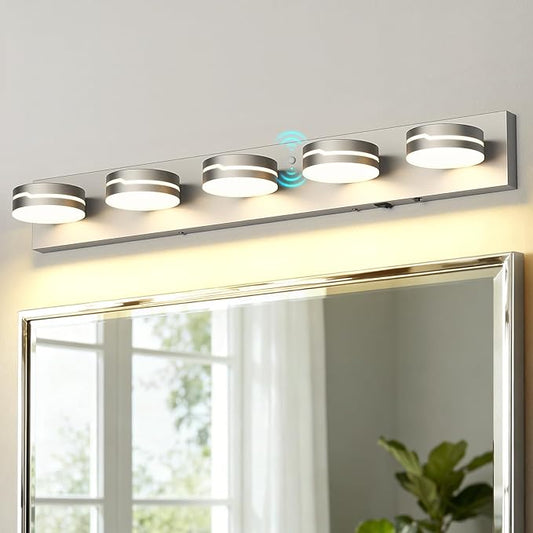Vanity Lights for Bathroom, Motion Sensor 3 CCT Dimmable Brushed Nickel Bathroom Light Fixtures Over Mirror, 32.28in 30W 5-Light LED Modern Wall Sconce Makeup Lighting, 350° Rotatable, Hardwired