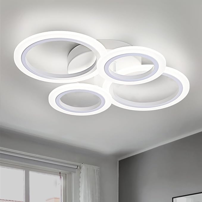 Modern LED Flush Mount Ceiling Light, 4 Rings White Close to Ceiling Light Fixtures, Kitchen Lighting Fixture Ceiling Lamp for Bedroom, Living Room, Laundry Room, 4000K Not Dimmable