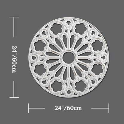 XIAOAIKA Wood Round Decorative Wall Sculpture, Hand-Carved Floral Geometric Design with Distressed White Finish, Vintage Farmhouse Boho Wall Art for Living Room Bedroom Hallway, 24 Inch