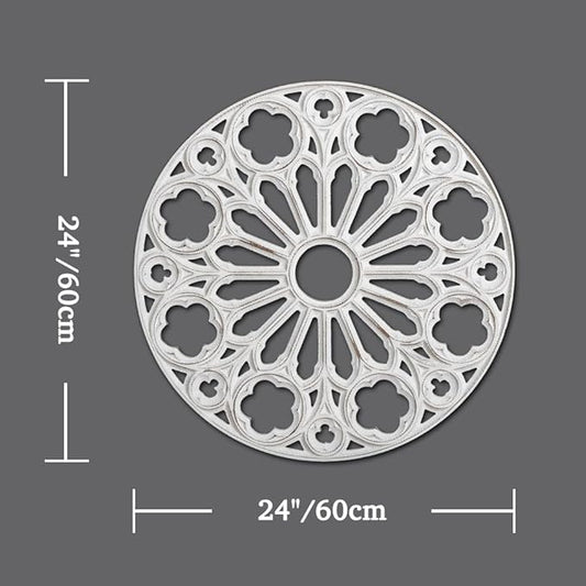XIAOAIKA Wood Round Decorative Wall Sculpture, Hand-Carved Floral Geometric Design with Distressed White Finish, Vintage Farmhouse Boho Wall Art for Living Room Bedroom Hallway, 24 Inch