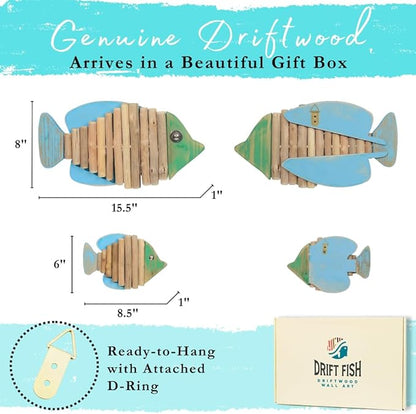 2-Piece Driftwood Fish Nautical Wall Decor - Handmade Wooden Rustic Coastal Wall Art for Living Room, Bedroom, Office, Bathroom - Ocean Beach Decoration (Specter)