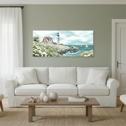 Conipit Coastal Lighthouse Canvas Wall Art Seascape with Sailboats Pictures Portland Lighthouse Painting Ocean Scene Home Decor 20''x48''