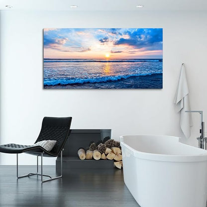 Wapluam Canvas Wall Art For Living Room Large Wall Decor Office Bedroom Home Decorations Blue Beach Ocean Sea Waves Landscape Wall Painting Posters Prints Pictures Wall Mural Artwork 24 X 48 in