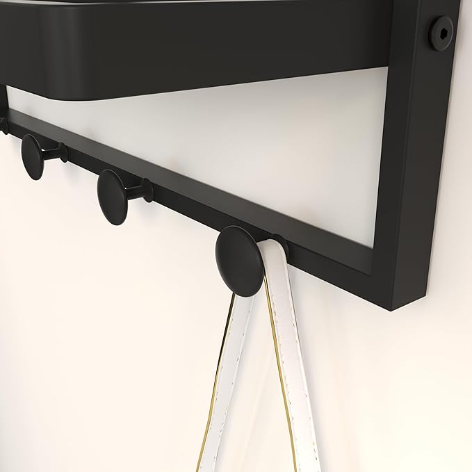 Black Entryway Mirror with Hooks, 26" X 30" Wall Mirror with Hooks, Bathroom Mirror with Shelf, Rectangular Framed Wall Mirror with Shelf and Hooks
